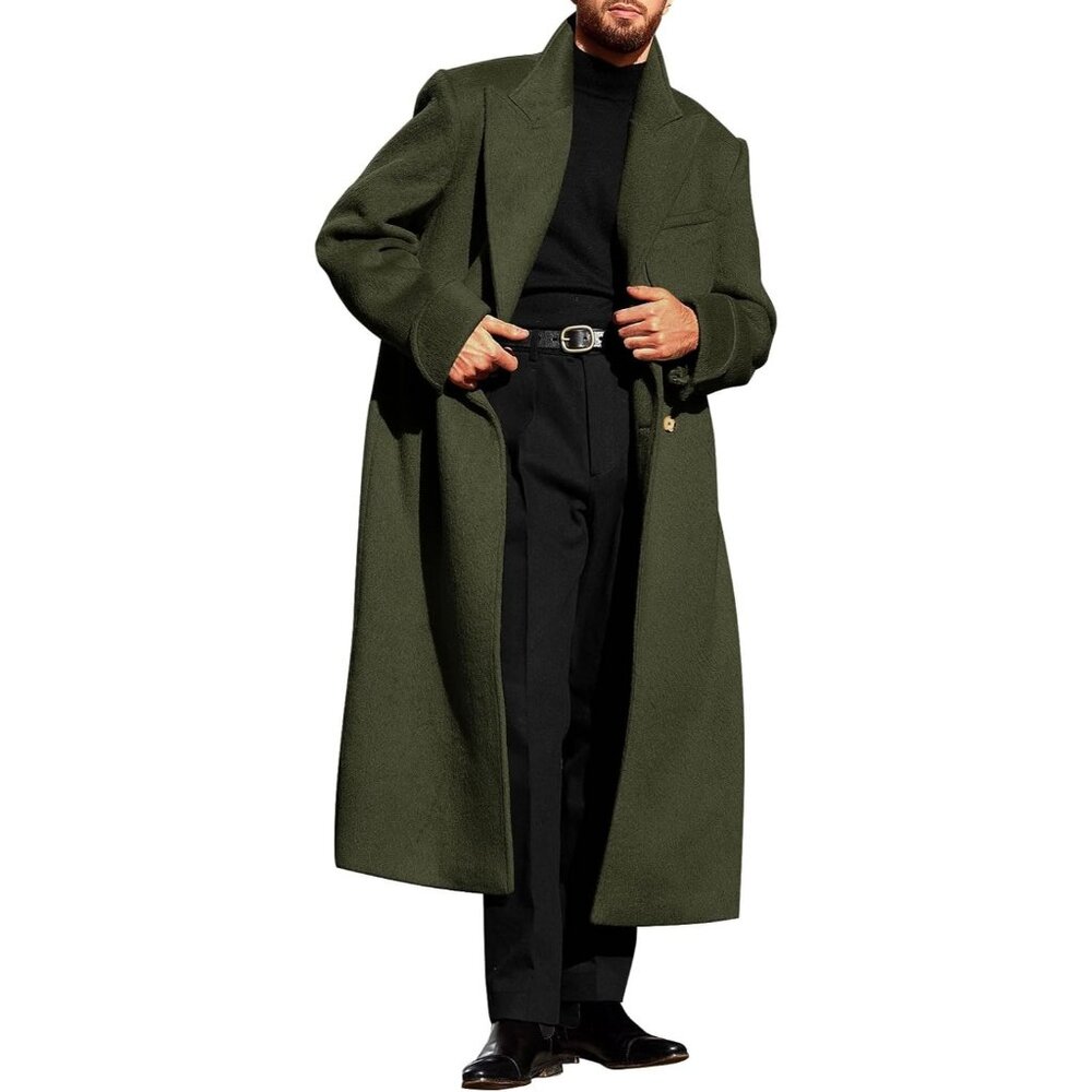 Men's Army Green Wool Blend Pea Coat Notched Collar Double Breasted Trench Coats